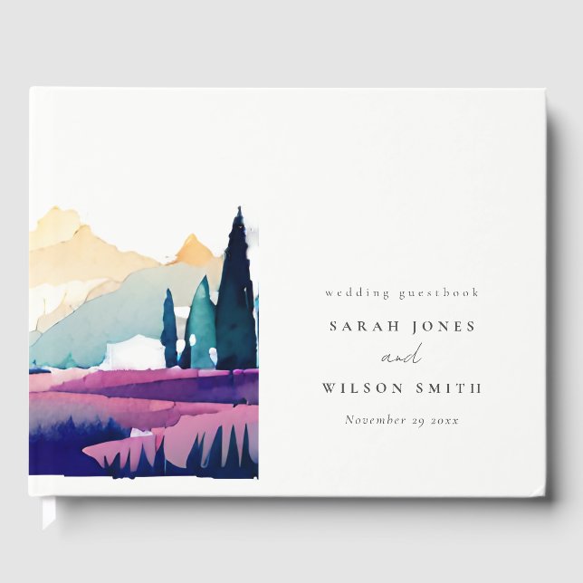 Mountain Country Lilac Fields Landscape Wedding Guest Book (Front)
