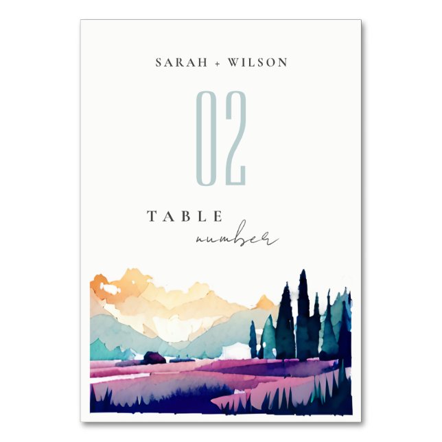 Mountain Country Lilac Fields Landscape Wedding Table Number (Front)