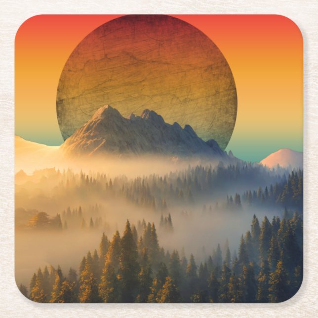 MOUNTAIN DAWN FOREST NATURE SUNSET LANDSCAPE  SQUARE PAPER COASTER (Front)
