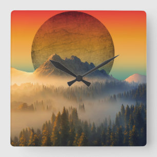 MOUNTAIN DAWN FOREST NATURE SUNSET LANDSCAPE  SQUARE WALL CLOCK