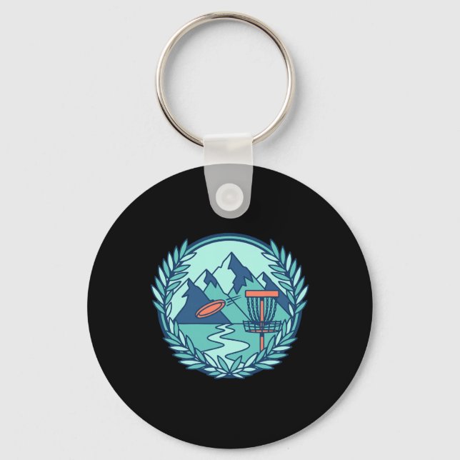 Mountain Disc Golf Scene Flying Disc Basket Course Key Ring (Front)