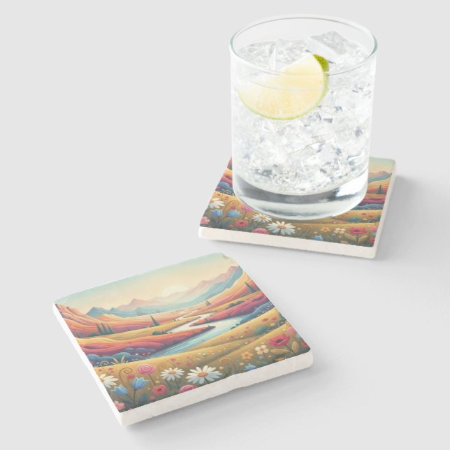 Mountain Dreamscape: Valley of Vibrant Bloom Stone Coaster (Side)