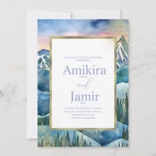 Mountain Dreamy Watercolor Glitter Wedding Invitation