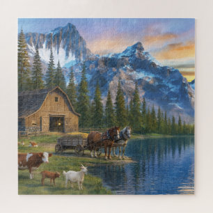 Mountain Farm at Sunset Peaceful Rural Scene Jigsaw Puzzle
