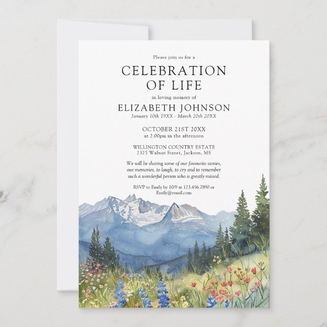 Mountain Floral Celebration Of Life Photo Funeral Invitation (Front)