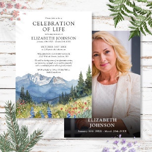 Mountain Floral Celebration Of Life Photo Funeral Invitation