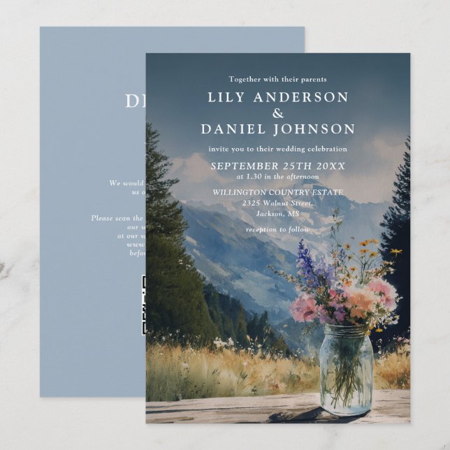 Mountain Floral Mason Jar QR Code Wedding Invitation (Front/Back)