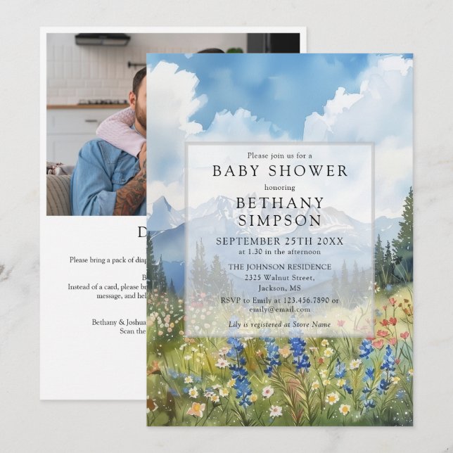 Mountain Floral Meadow Photo QR Code Baby Shower Invitation (Front/Back)
