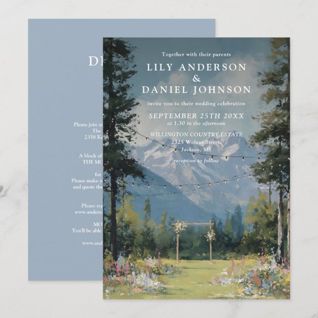 Mountain Floral String Lights Wedding All In One Invitation (Front/Back)