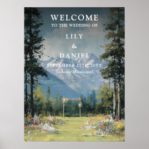 Mountain Floral String Lights Wedding Welcome Sign