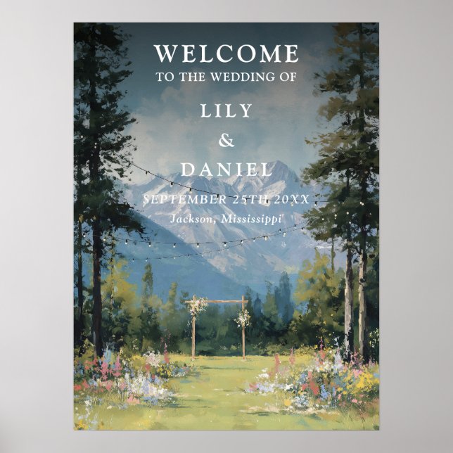 Mountain Floral String Lights Wedding Welcome Sign (Front)