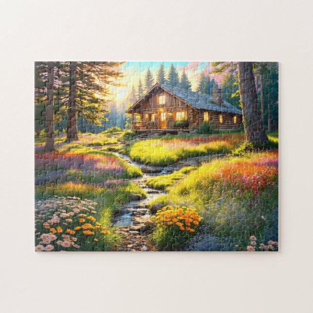 Mountain Forest Cabin Art Jigsaw Puzzle (Horizontal)