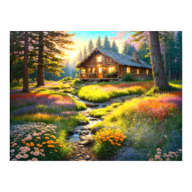 Mountain Forest Cabin Art