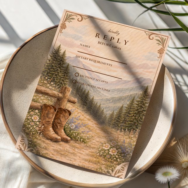 Mountain Forest Cowboy Boots Wedding RSVP Card (Creator Uploaded)