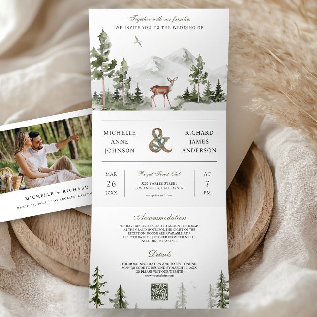 Mountain Forest Deer QR Code Photo Collage Wedding Tri-Fold Invitation (Creator Uploaded)