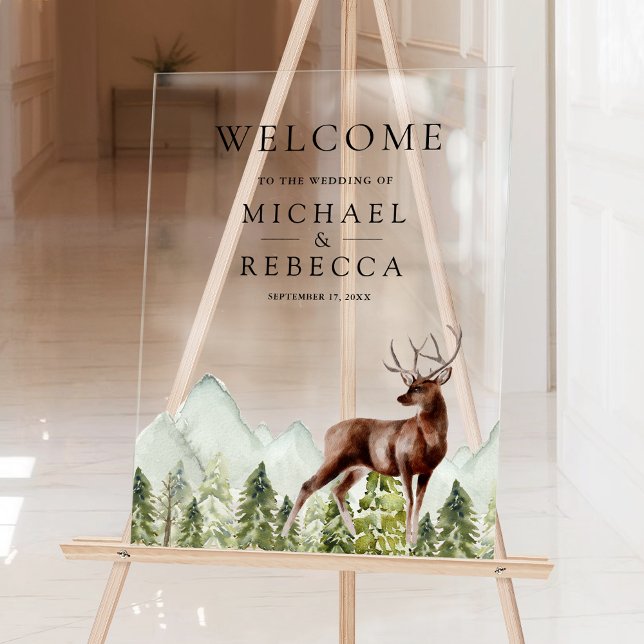 Mountain Forest Deer Wedding Welcome Acrylic Sign (Creator Uploaded)