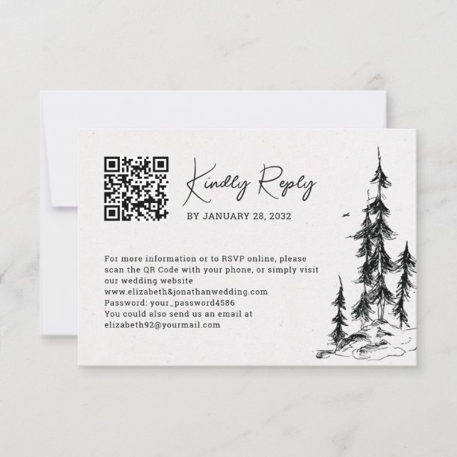Mountain forest hand drawn QR Code online RSVP Card (Front)