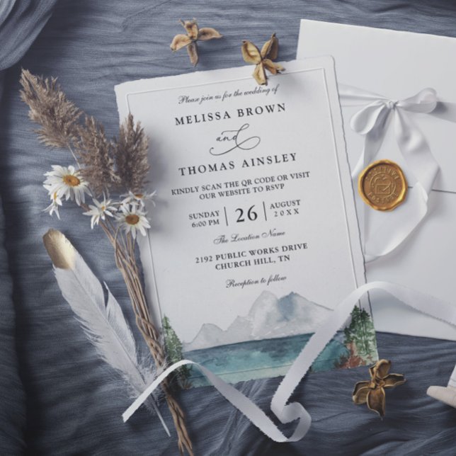 Mountain Forest Lake Boho Rustic QR Code Wedding Invitation (Creator Uploaded)