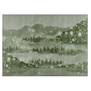 Mountain Forest Lake Landscape Mixed Media Cutting Board