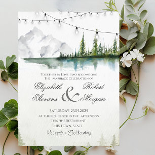 Mountain,Forest,Lake,String Lights Chic Wedding Invitation