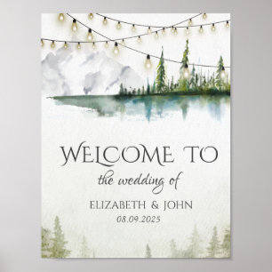Mountain,Forest,Lake,String Lights Wedding Poster