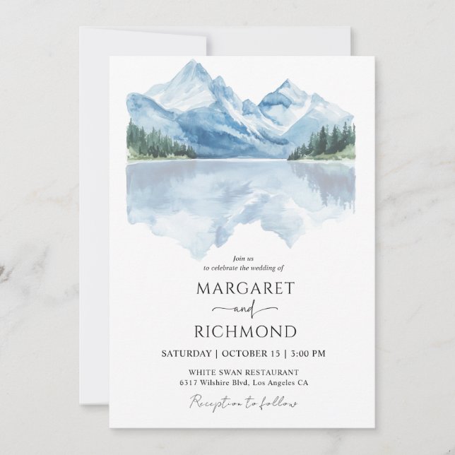 Mountain Forest Lakeside Dusty Blue Rustic Wedding Invitation (Front)