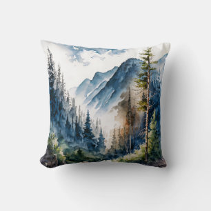 Mountain Forest Landscape Watercolor Cushion