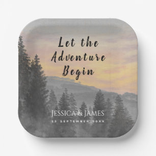 Mountain Forest Let the Adventure Begin Wedding Paper Plate