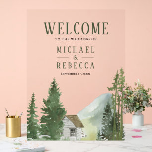 Mountain Forest Lodge Cabin Wedding Welcome Acrylic Sign