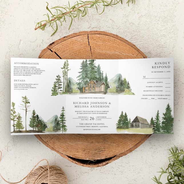 Mountain Forest Lodge Log Cabin All in One Wedding Tri-Fold Invitation (Creator Uploaded)