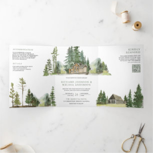 Mountain Forest Lodge Log Cabin QR Code Wedding Tri-Fold Invitation