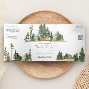 Mountain Forest Lodge Log Cabin QR Code Wedding Tri-Fold Invitation