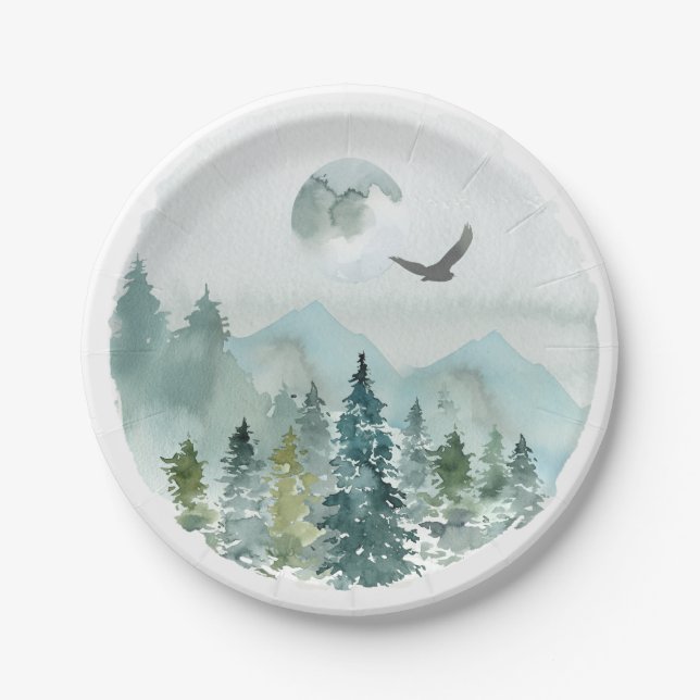 Mountain Forest Mist Evergreens Moon Hawk Paper Plate (Front)
