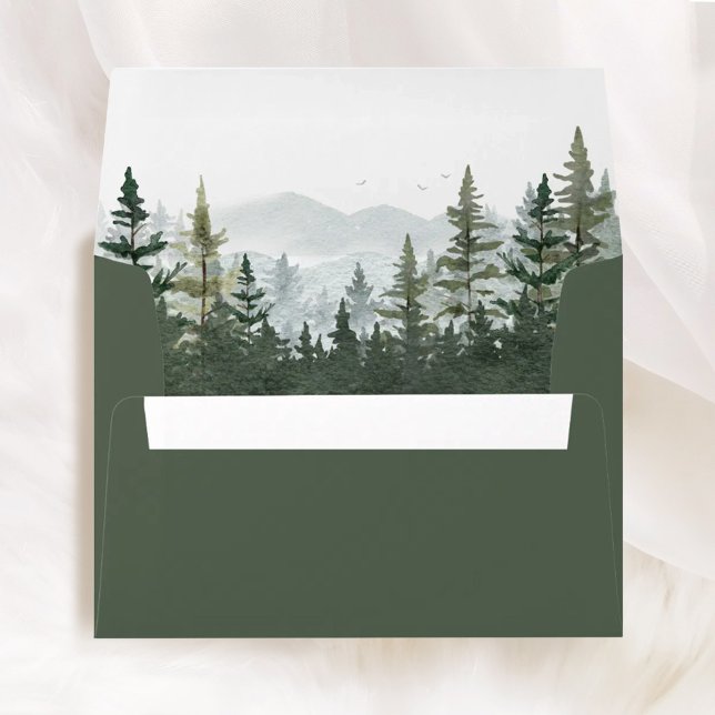 Mountain Forest Pine Wedding Liner & Addressed  Envelope (Mountain Forest Wedding Envelope Pine Tree Envelope Liner Printed Return Address Wedding Stationery)