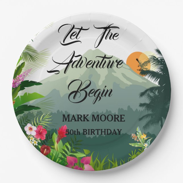 Mountain & Forest Sunset Birthday Invitation Paper Plate (Front)