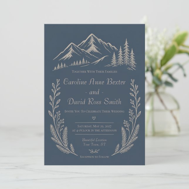 Mountain Forest Themed Navy Blue Floral Wedding Invitation (Standing Front)