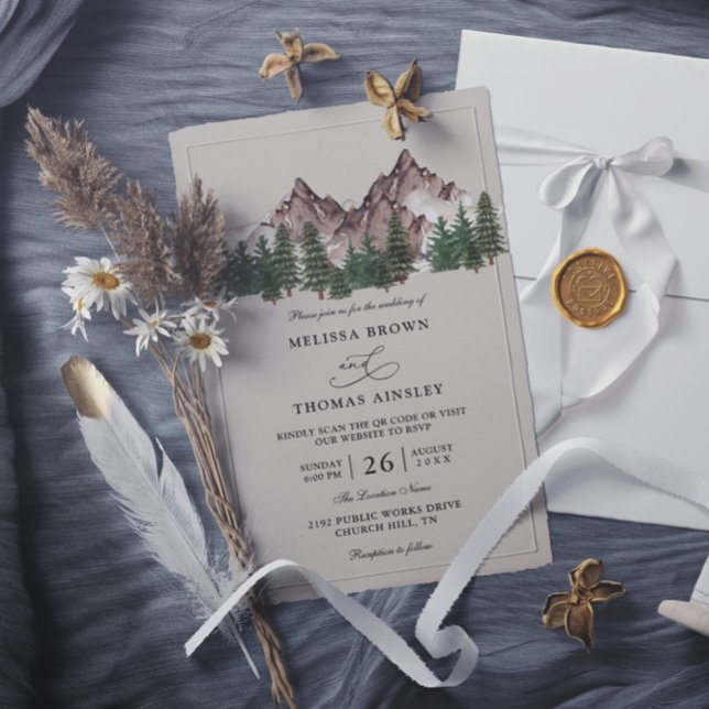 Mountain Forest Tree Rustic Budget QR Code Wedding Invitation (Creator Uploaded)