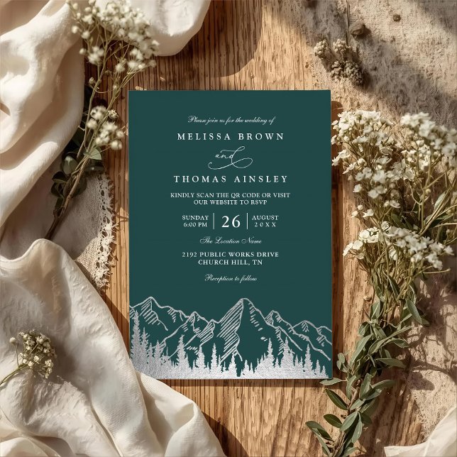 Mountain Forest Trees Pine Rustic QR Code Wedding Invitation (Creator Uploaded)