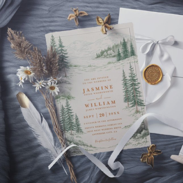 Mountain Forest Trees Pine Rustic QR Code Wedding Invitation (Creator Uploaded)