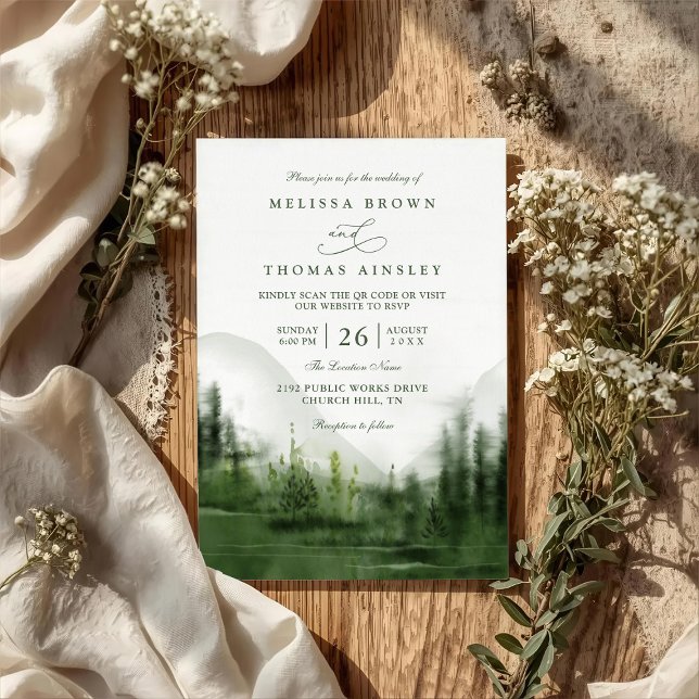 Mountain Forest Trees Rustic QR Code Wedding Invitation (Creator Uploaded)