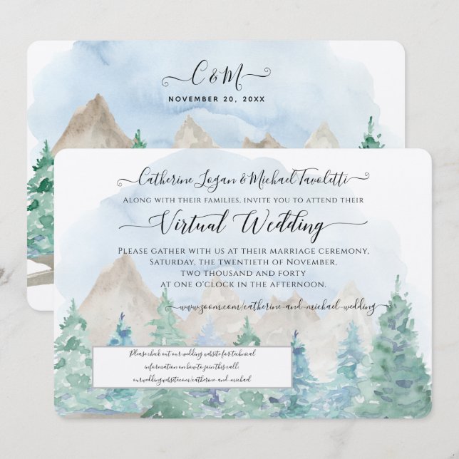 Mountain Forest Trees Watercolor Virtual Wedding Invitation (Front/Back)