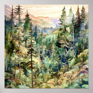Mountain Forest Watercolor Painting Art Print