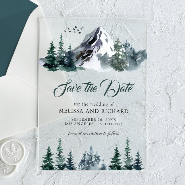 Mountain Forest Winter Wedding Save the Date Acrylic Invitations (Creator Uploaded)