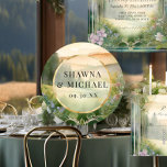 Mountain Forest Woodland Elegant Fantasy Wedding Classic Round Sticker<br><div class="desc">WEDDING FAVOR STICKERS or envelope seals. Art Nouveau Fantasy style mountain scene with tall pines, woodland wildflowers in a meadow and a delicate round gold shimmering frame with wildflowers and foliage for a marriage in the mountains. Magical, ethereal with a portal to everlasting love. A complete set of products are...</div>