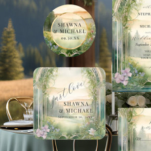 Mountain Forest Woodland Just Love Elegant Wedding Square Paper Coaster