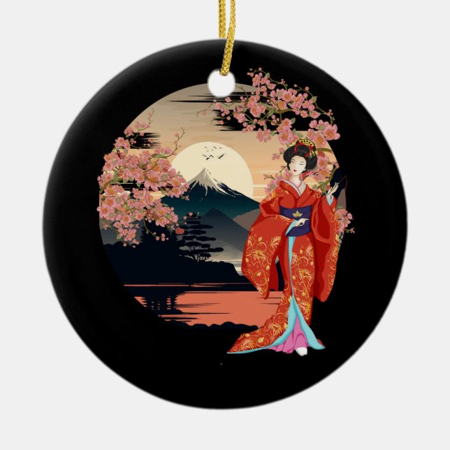 Mountain Fuji Cherry Blossoms Geisha Japanese Gard Ceramic Ornament (Front)