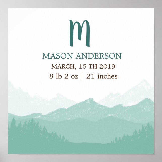 Mountain Green | Personalized Baby Birth Poster (Front)