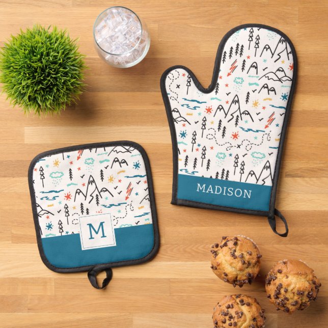 Mountain Hiking Pattern Oven Mitt & Pot Holder Set (Top Down)