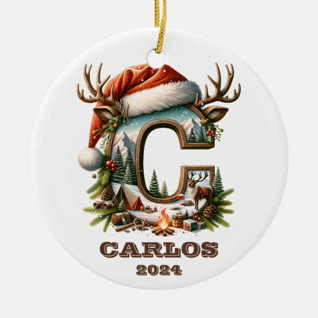 Mountain Holiday C Initial with Antlers Santa Hat Ceramic Ornament (Front)