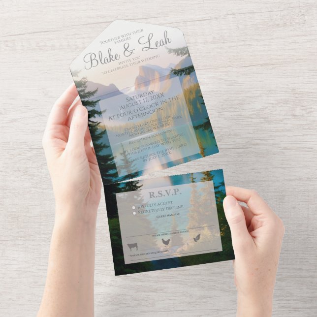 Mountain Lake All in One Wedding Invitation RSVP (Tearaway)
